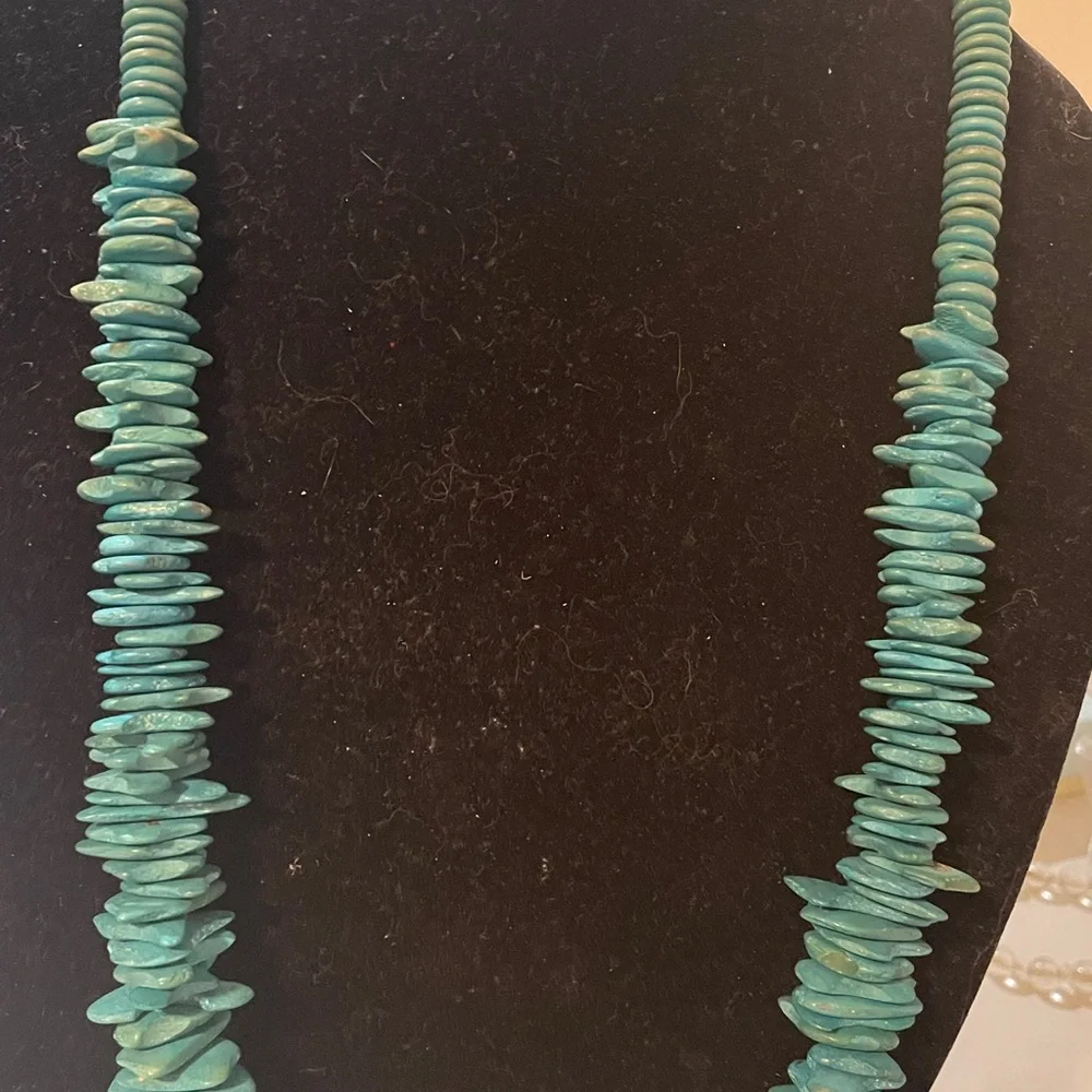 Vintage Teal blue chunky wood chip long necklace